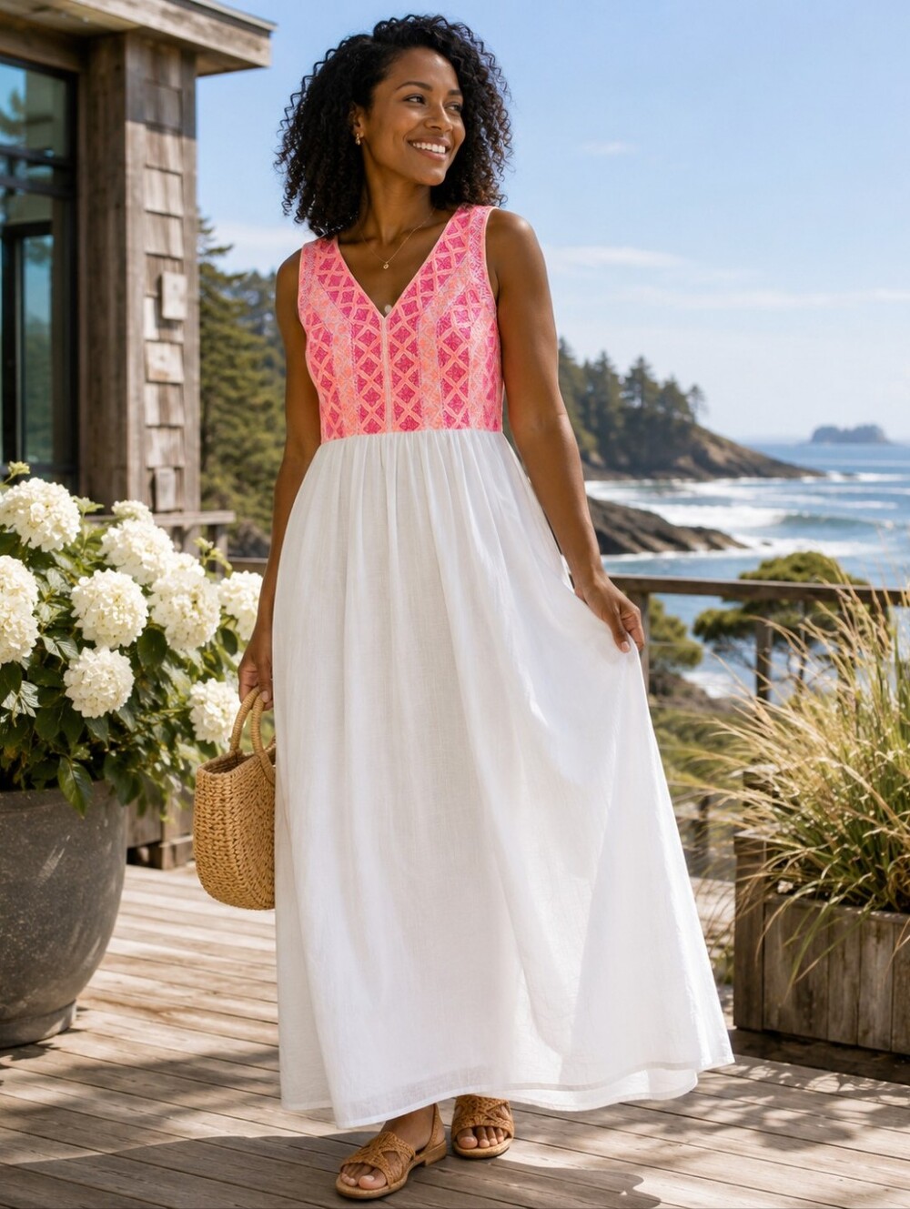 Vineyard Vines Embroidered Bodice Cotton Linen Maxi Dress White Pink 10